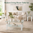 Meihua Glass Coffee Table and End Table Set of 3, Modern Living Room Table Set with Tempered Glass & Metal Frame, Double-Layer Side Tables (Clear Glass + White Leg, Set of 3)