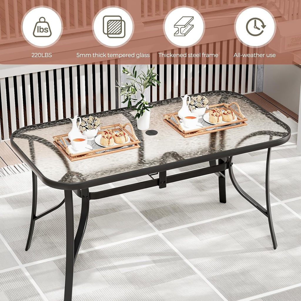 TLSUNNY Patio Outdoor Table W/ 1.69″ Umbrella Hole, 30"X 55" Rectangular Tempered Glass Patio Dining Table for 6, Outdoor Metal Furniture, All-Weather Use, for Patio, Graden, Backyard (Black)
