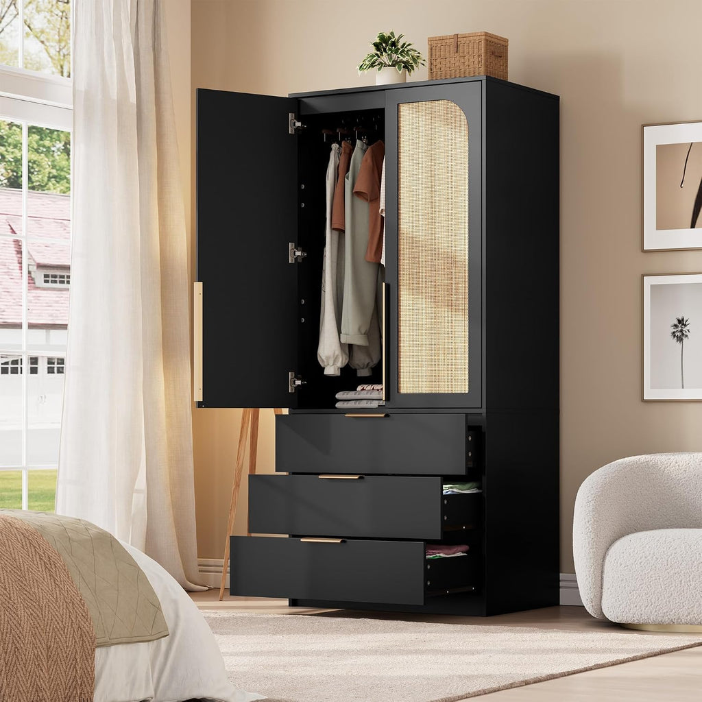 Garvee 70" Wardrobe Armoire Wooden Closet with 2 Doors and 3 Drawers, Black