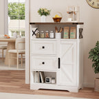 Vabches Farmhouse Buffet Sideboard Cabinet with 2 Drawers and Open Shelf, 27.5" Storage Cabinet with Adjustable Shelves and Door, Coffee Bar Hutch Pantry for Kitchen, Living Room, Entryway, White