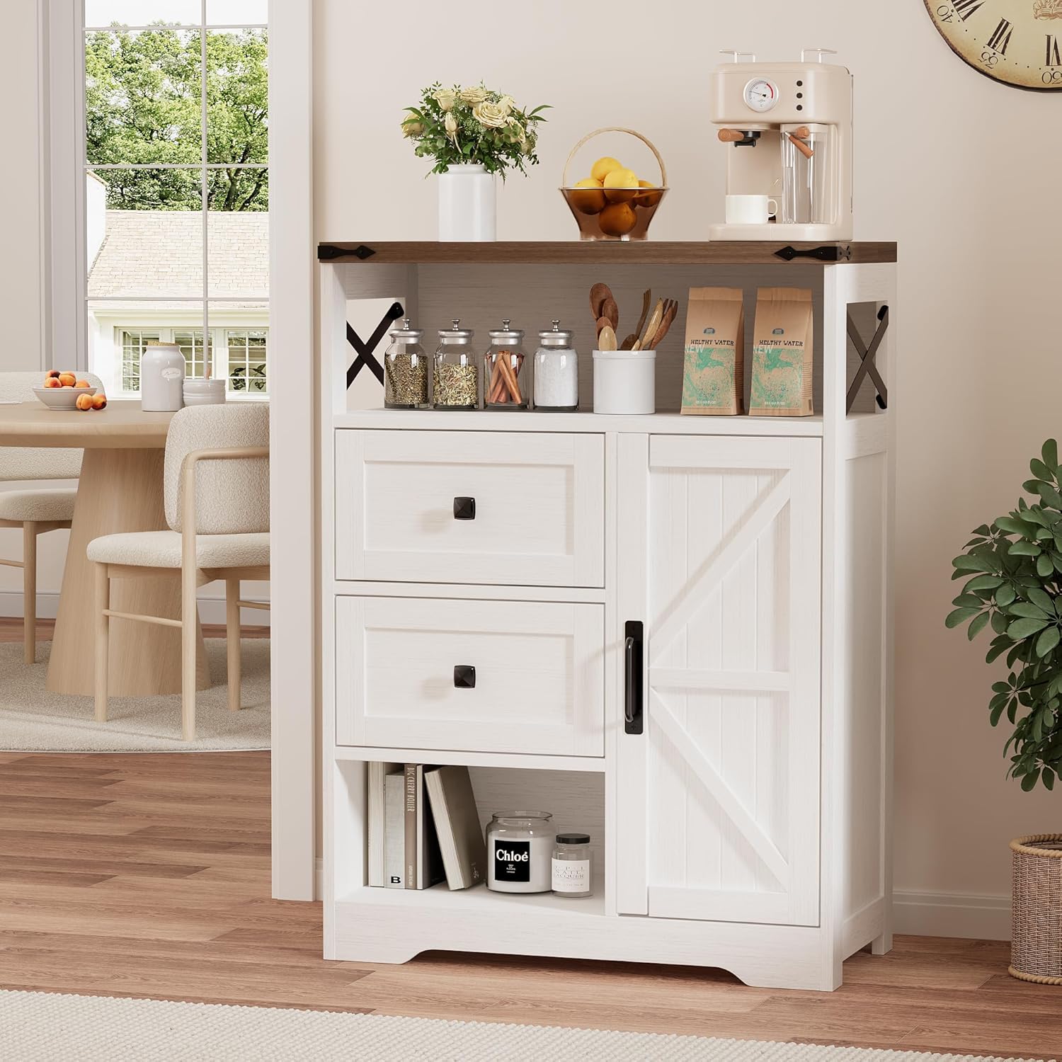 Vabches Farmhouse Buffet Sideboard Cabinet with 2 Drawers and Open Shelf, 27.5" Storage Cabinet with Adjustable Shelves and Door, Coffee Bar Hutch Pantry for Kitchen, Living Room, Entryway, White