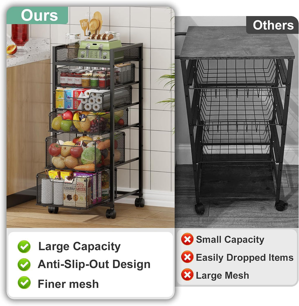 6-Tier Rolling Cart with 5 Drawers & Top Basket, Snack Cart with Wheels | Metal Utility Storage Cart - Fruit Vegetable Rack on Wheels, Kitchen Organization for Cans, Spices, Craft, Art, Beauty