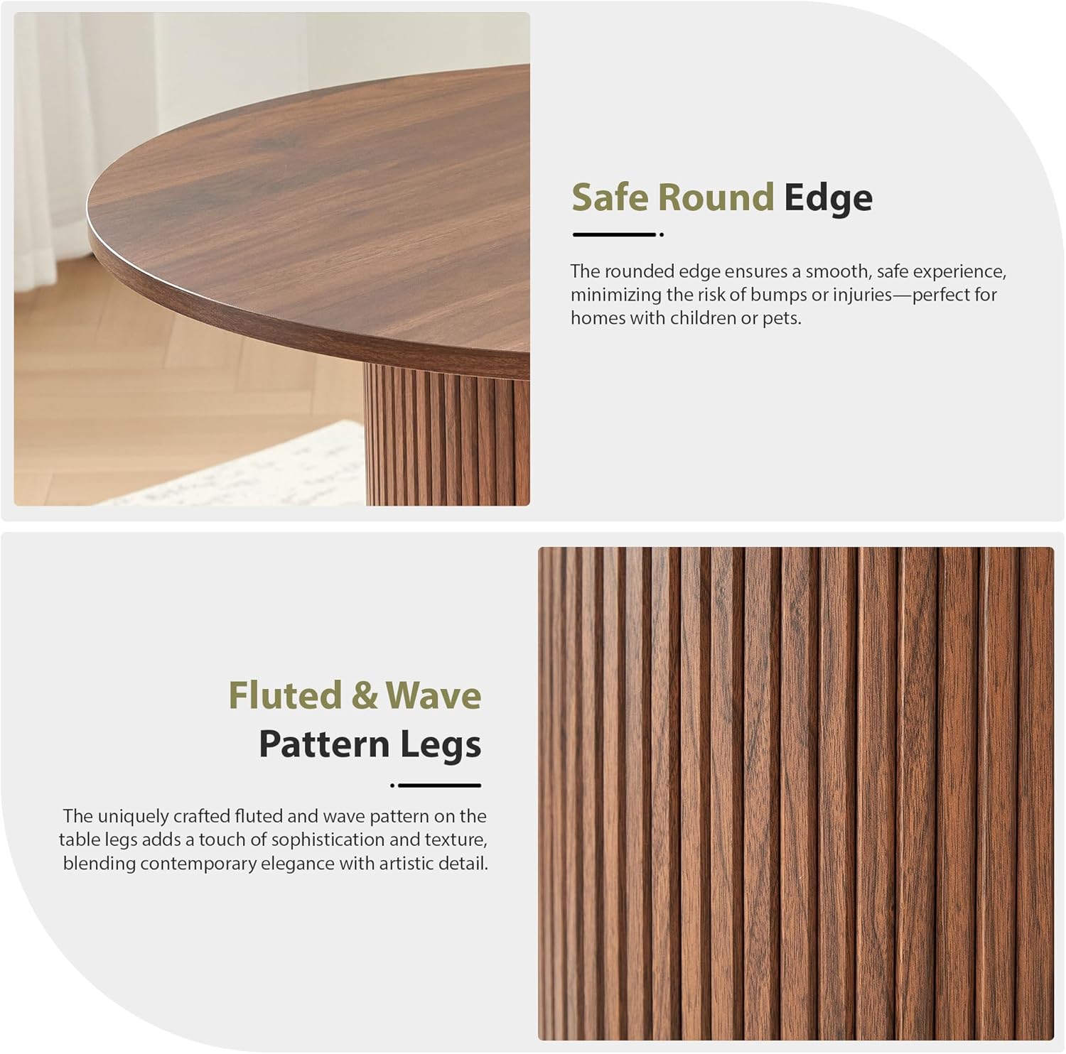 31.5" Round Dining Table for 2-4, Modern Farmhouse Kitchen Table with 2-Tier Storage Shelf, Small Wooden Circle Dining Tables with Fluted Base for Home Dining Room Living Room (Walnut)