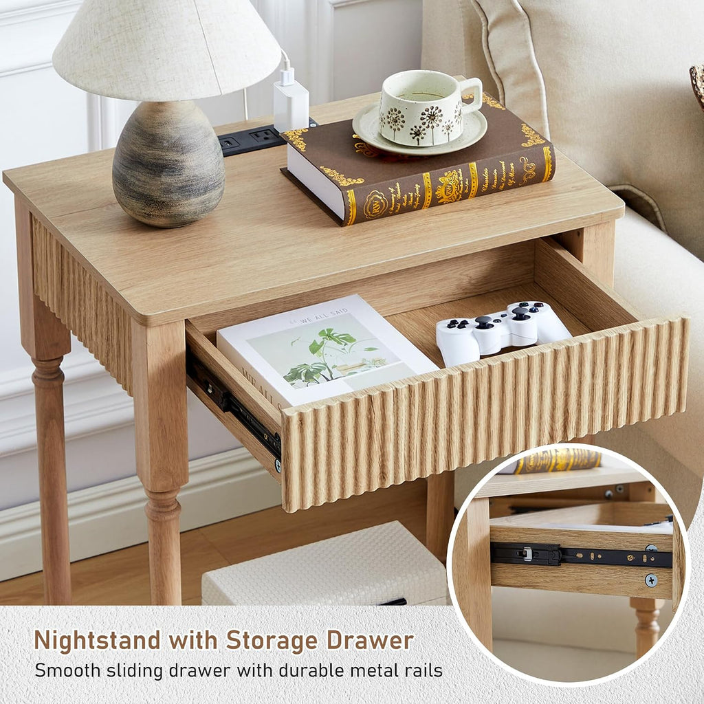 23.6” Large End Table with Charging Station,Modern Farmhouse Side Table with Drawer&Open Shelf, Fluted Wood Bedside Table Sofa Tables Night Stand for Bedroom Living Room Home Office,Natural