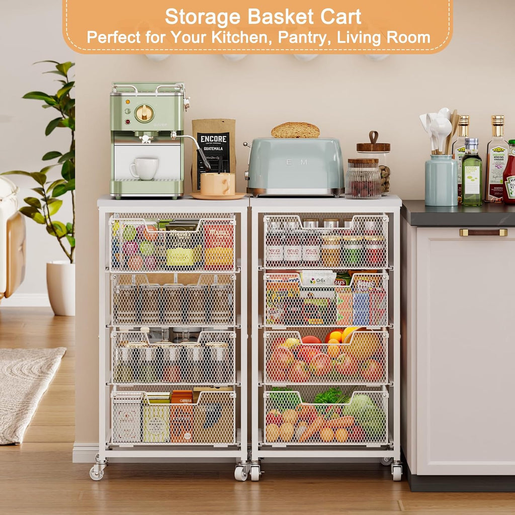 4-Tier Kitchen Storage Cart - Fruit Vegetable Storage Cart with Drawers, Wooden Top Metal Wire Kitchen Organizer and Storage Cart with Wheels to Storage Onions Potatoes Cans Snacks for Kitchen