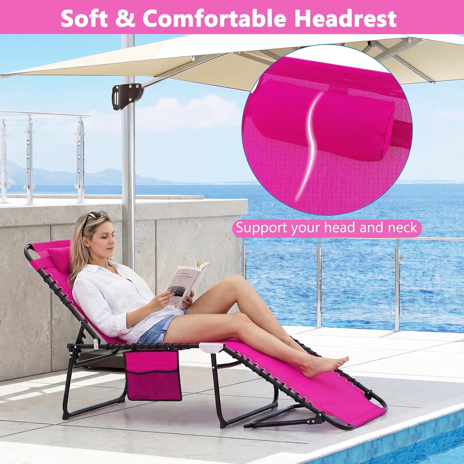 Giantex Patio Lounge Chairs for Outside - Folding Tanning Chair w/Headrest, 4 Adjustable Positions, Side Pocket, Outdoor Chaise Lounge for Camping, Pool, Sunbathing Beach Chair, Pink
