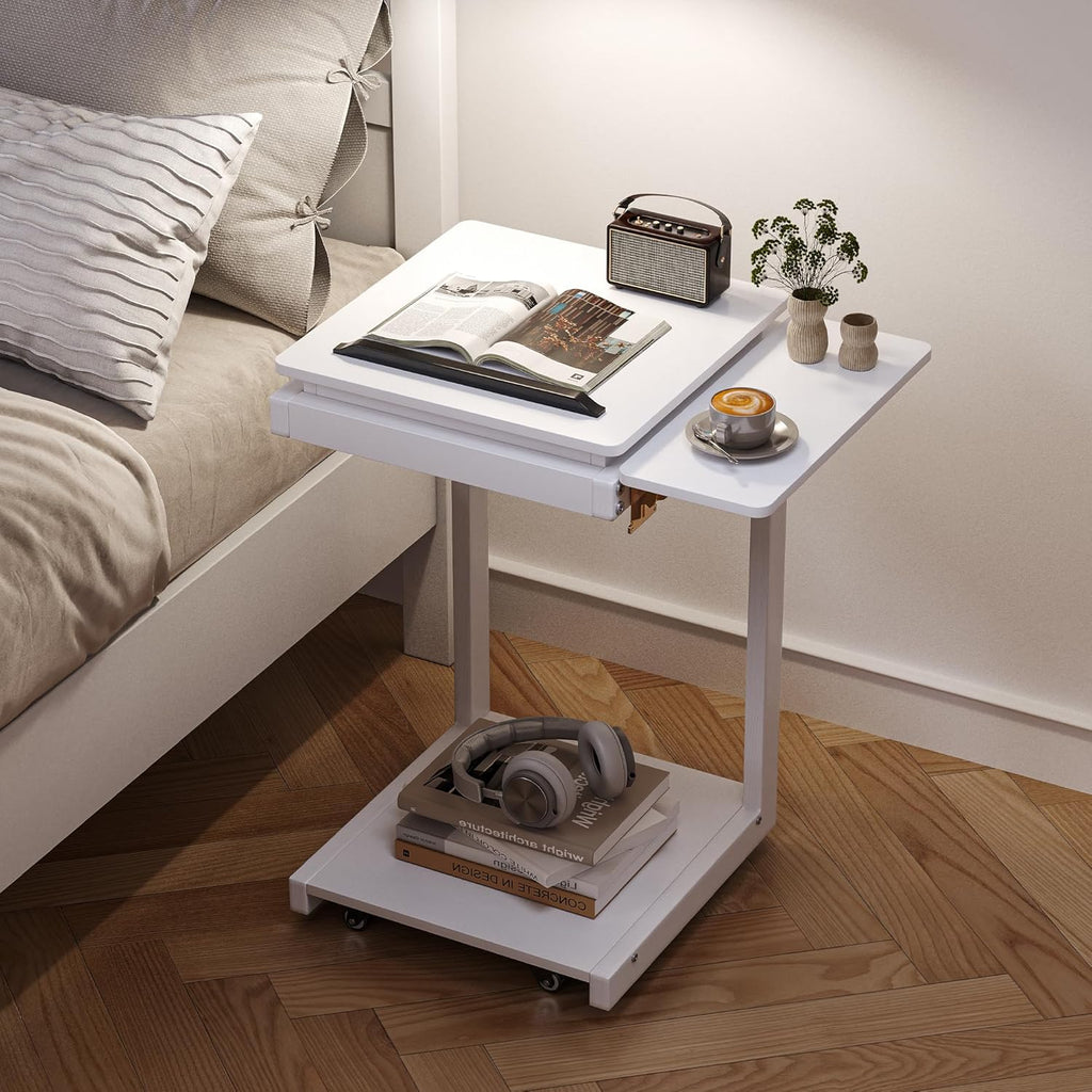 OtterOasis C Shaped End Table, Rolling Side Table with 4-Way Convertible Desktop, Wooden C Table with Multi-Functional Folding Tray & Small Chair, Side Table for Couch, Living Room, Bedroom, White