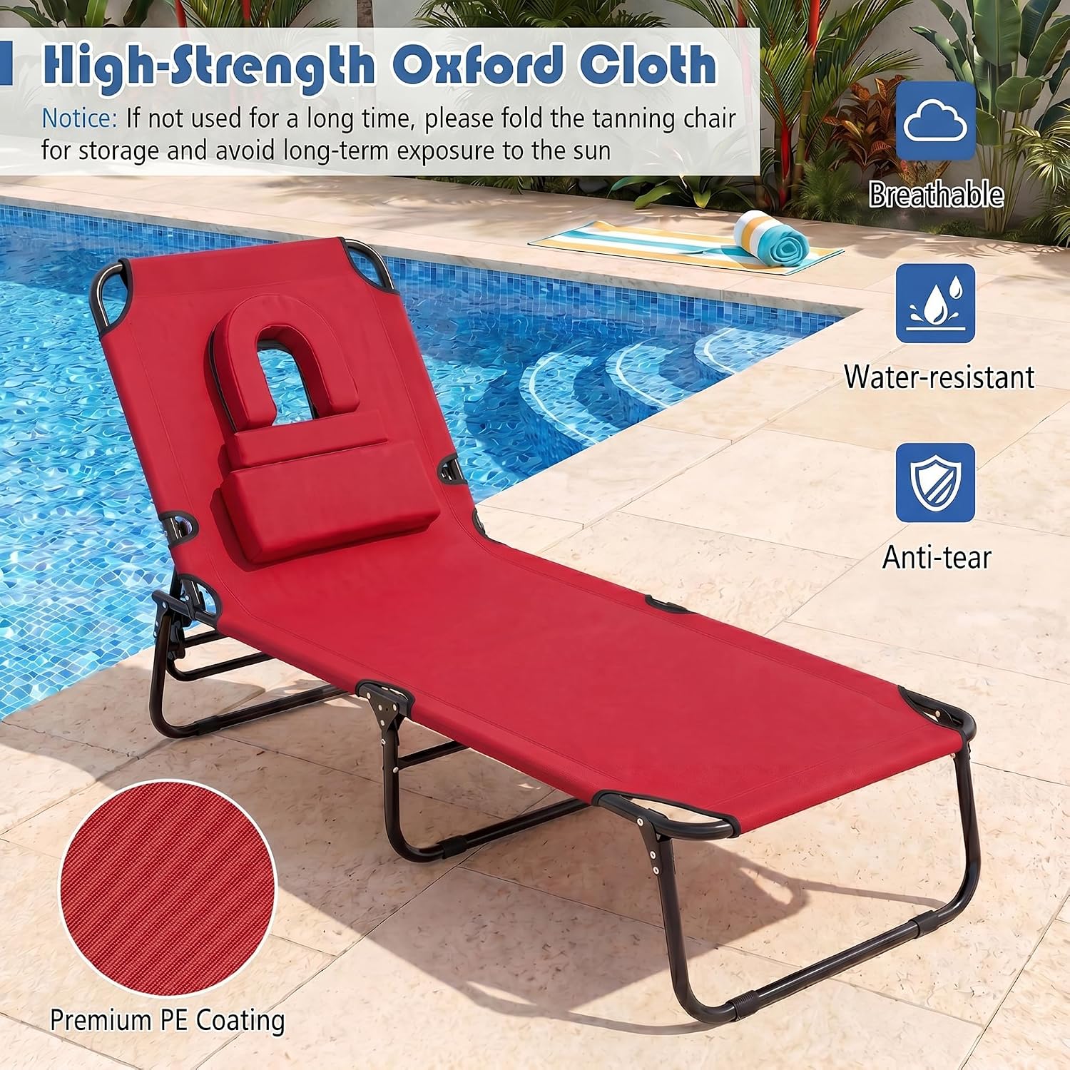 Goplus Tanning Chair, Folding Beach Lounge Chair with Face Hole, Removable Pillow, Carry Strap, Position Adjustable, Sunbathing Chair, Portable Outside Lounge Chair for Patio Pool (1, Red)