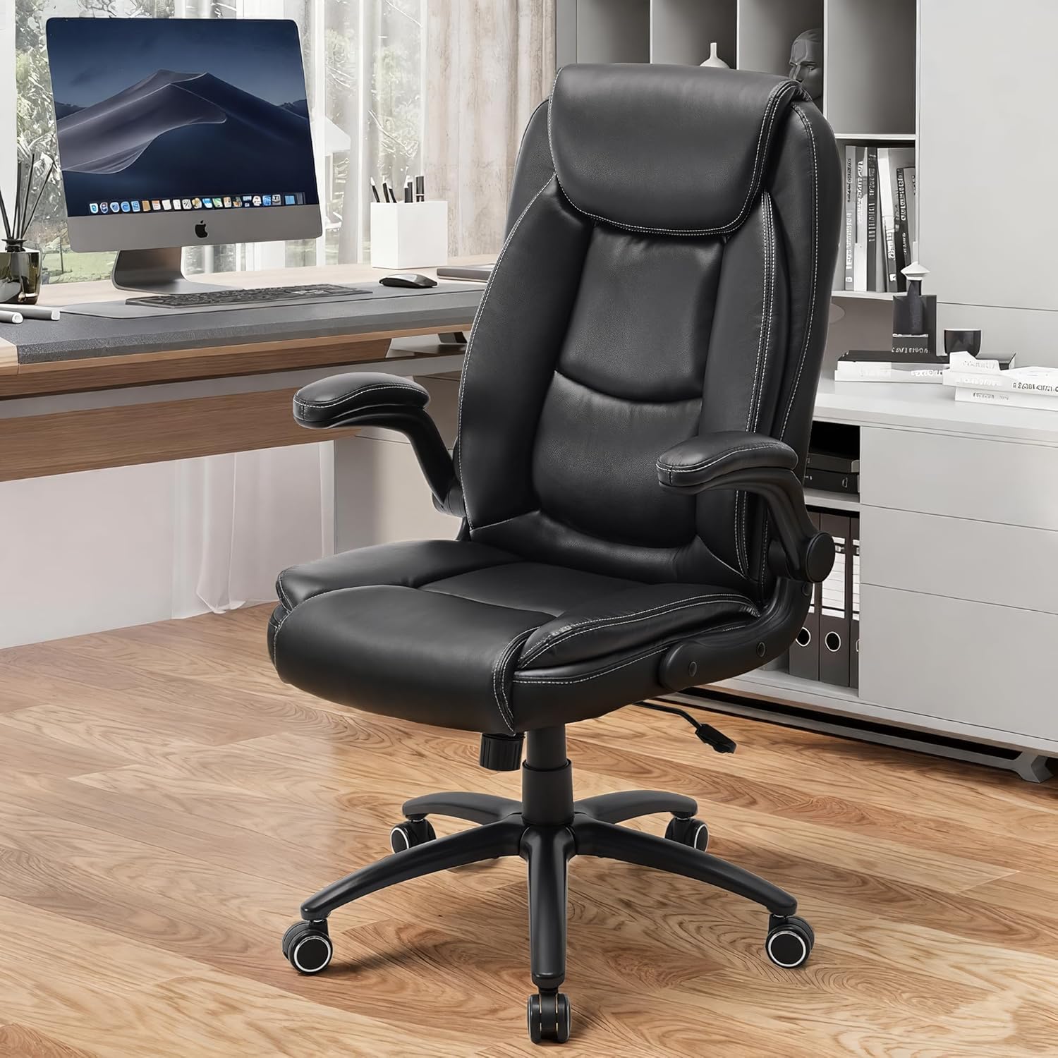 MALOL 300LBS PU Leather High-Back Executive Office Chairs, Heavy Duty Home Ergonomic Computer Chair Flip-Up Armrests & Reclining Backrest, Black