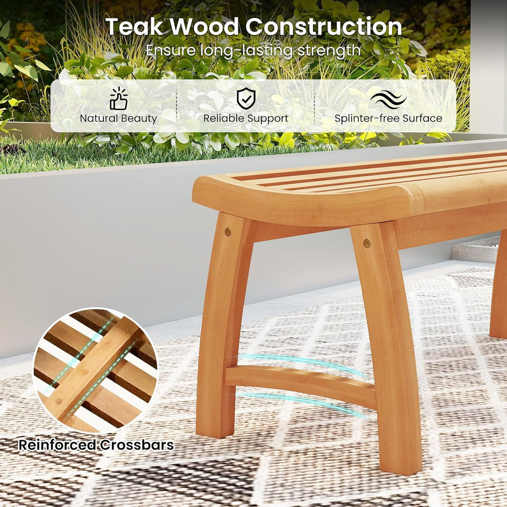 Tangkula Teak Wood Outdoor Bench, 2-Person Patio Backless Garden Dining Bench with Contoured Slatted Seat, 800 lbs Capacity, Outside Seating Furniture for Porch, Balcony, Deck & Yard (Natural)