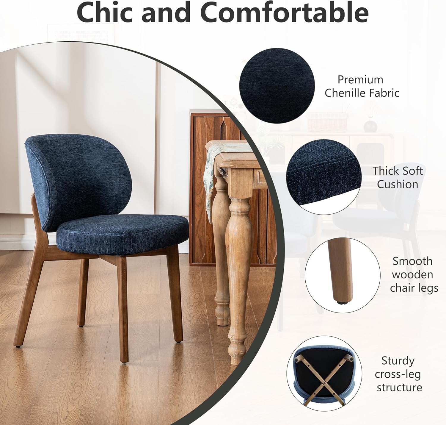 YOUNIKE Dining Chair with Back Single Mid Century Modern Kitchen Chair Boucle Fabric Upholstered Armless Chair 20" Wide Padded Seat with Wooden Legs for Kitchen Dining Living Room Bedroom Navy Blue