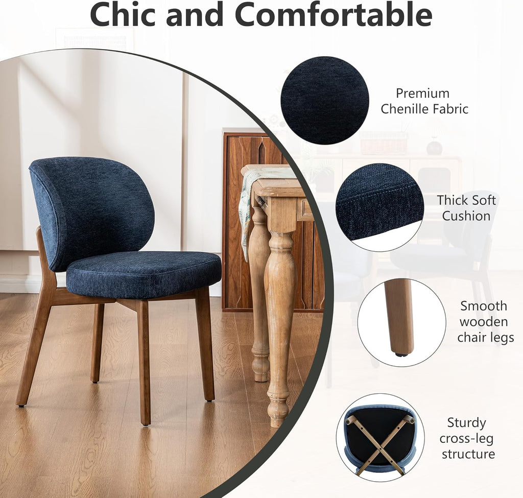 YOUNIKE Dining Chairs Set of 6 Mid Century Modern Kitchen Chair with Back Boucle Fabric Upholstered Armless Chair 20" Wide Padded Seat with Wooden Legs for Kitchen Dining Living Room Bedroom Navy Blue