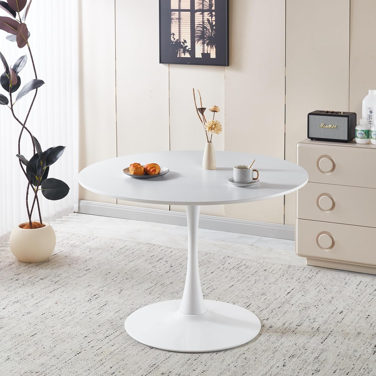 42.1" Round Dining Table Mid Century Modern Tulip Table Kitchen Dining Table for 4 People with MDF Tabletop & Pedestal Base for Coffee Office Living Room Dining Room (White)
