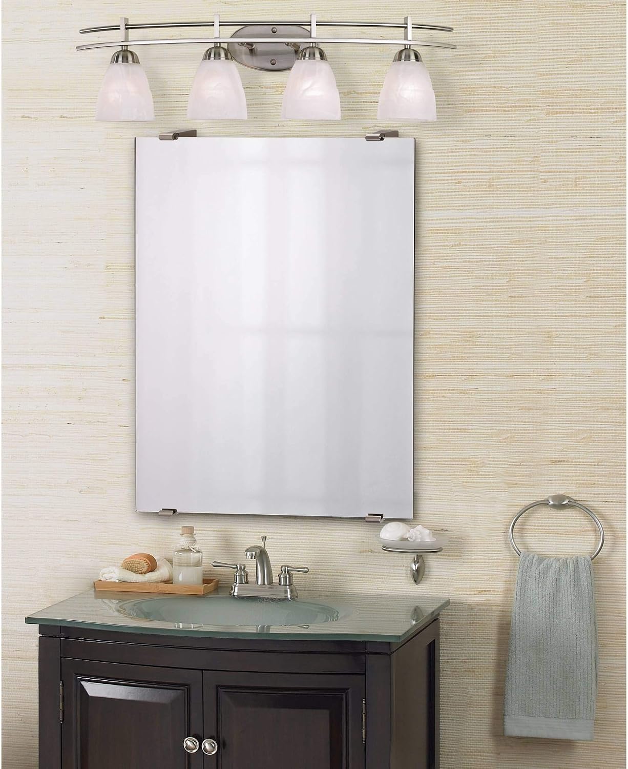Possini Euro Design Art Deco Modern Wall Mount Light Brushed Nickel Silver Metal Hardwired 33" Wide 4-Light Fixture Trio Marbleized Glass Shades for Bathroom Vanity Mirror House Home Room Decor