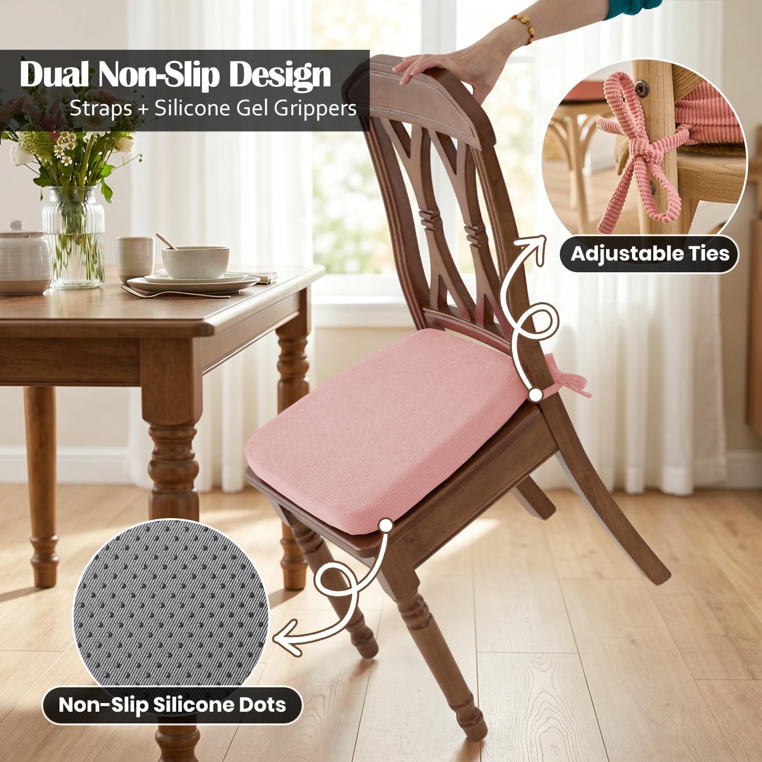 Dining Chair Cushions Set of 4-2" Thick High-Density Foam Chair Pads with Ties and Non-Slip Bottom, Removable Washable Cover for Dining and Kitchen, 17"x16", Pink