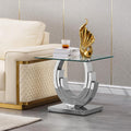 Glass End Table, 22.83" Square Side Table with Tempered Glass Top and Silver Mirror Finish Stainless Steel Three U-Shaped Base, Modern Small End Side Table for Living Room