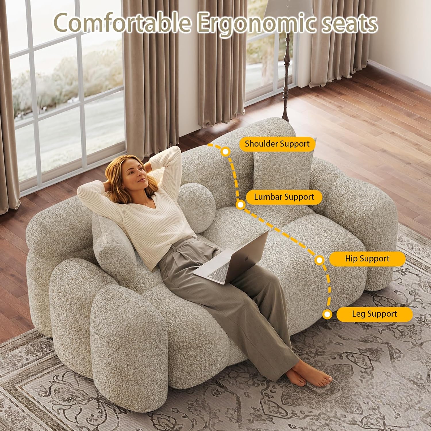 DAMAIFROM 65" Chenille Cloud Sofa Couch, Modern Deep Seat Loveseat Sofa, Comfy Upholstered Couch with 3 Pillows, Oversized Accent Armchair for Living Room Apartment Office, Light Brown