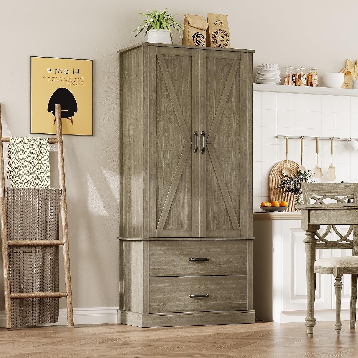 IDEALHOUSE Kitchen Pantry Cabinet, Freestanding Tall Hutch with Barn Doors, Drawer and 2 Adjustable Shelves for Dining Room, Kitchen, Grey