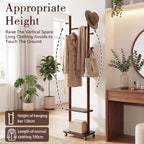 Coat Rack Freestanding, Solid Wood Coat Rack Stand, Clothing Rack with Wheels & 2 Shelves Storage & 5 Hooks, Heavy Duty Clothes Rack, Wood Coat Tree Stand Hat Hanger Rack for Bedroom Entryway Office
