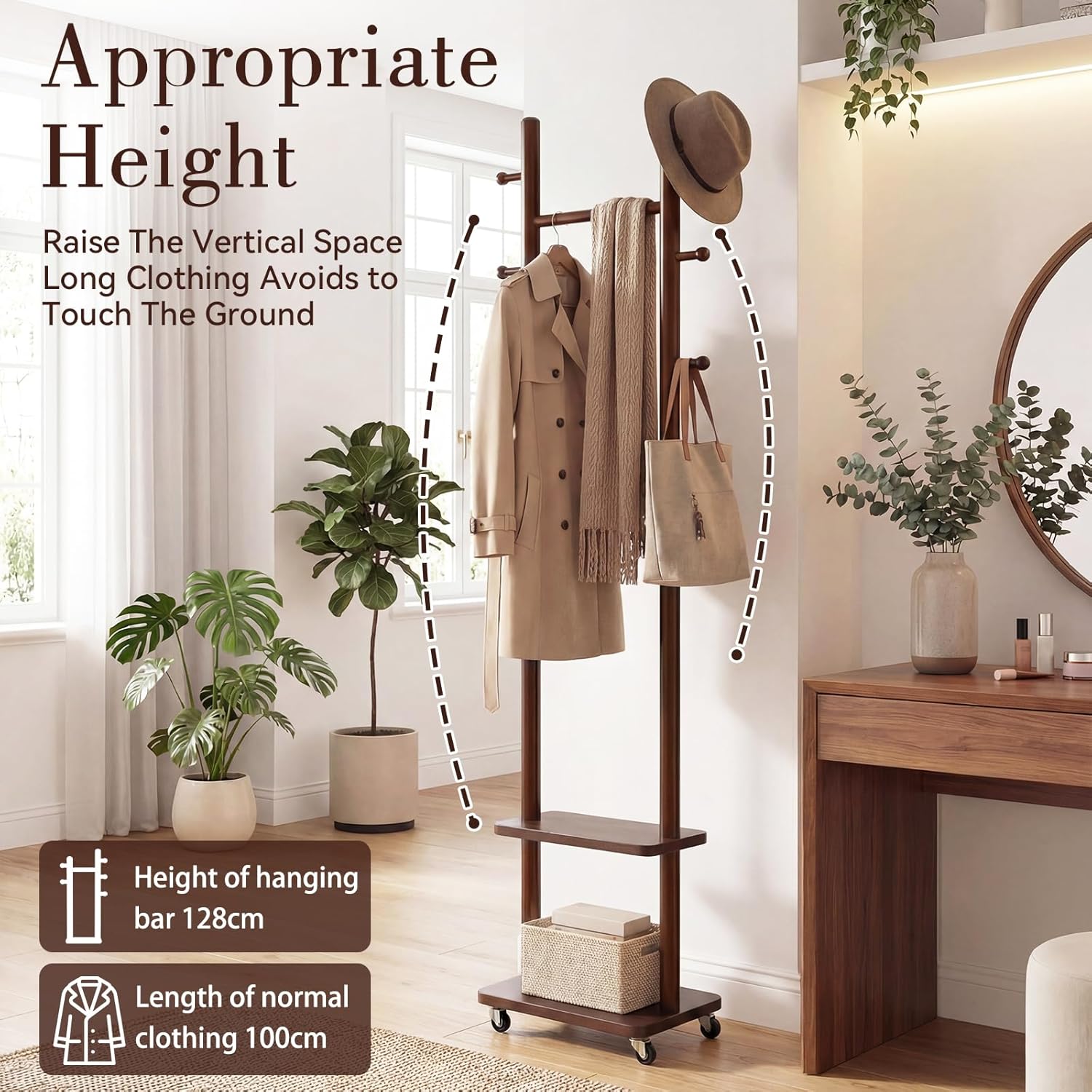 Coat Rack Freestanding, Solid Wood Coat Rack Stand, Clothing Rack with Wheels & 2 Shelves Storage & 5 Hooks, Heavy Duty Clothes Rack, Wood Coat Tree Stand Hat Hanger Rack for Bedroom Entryway Office