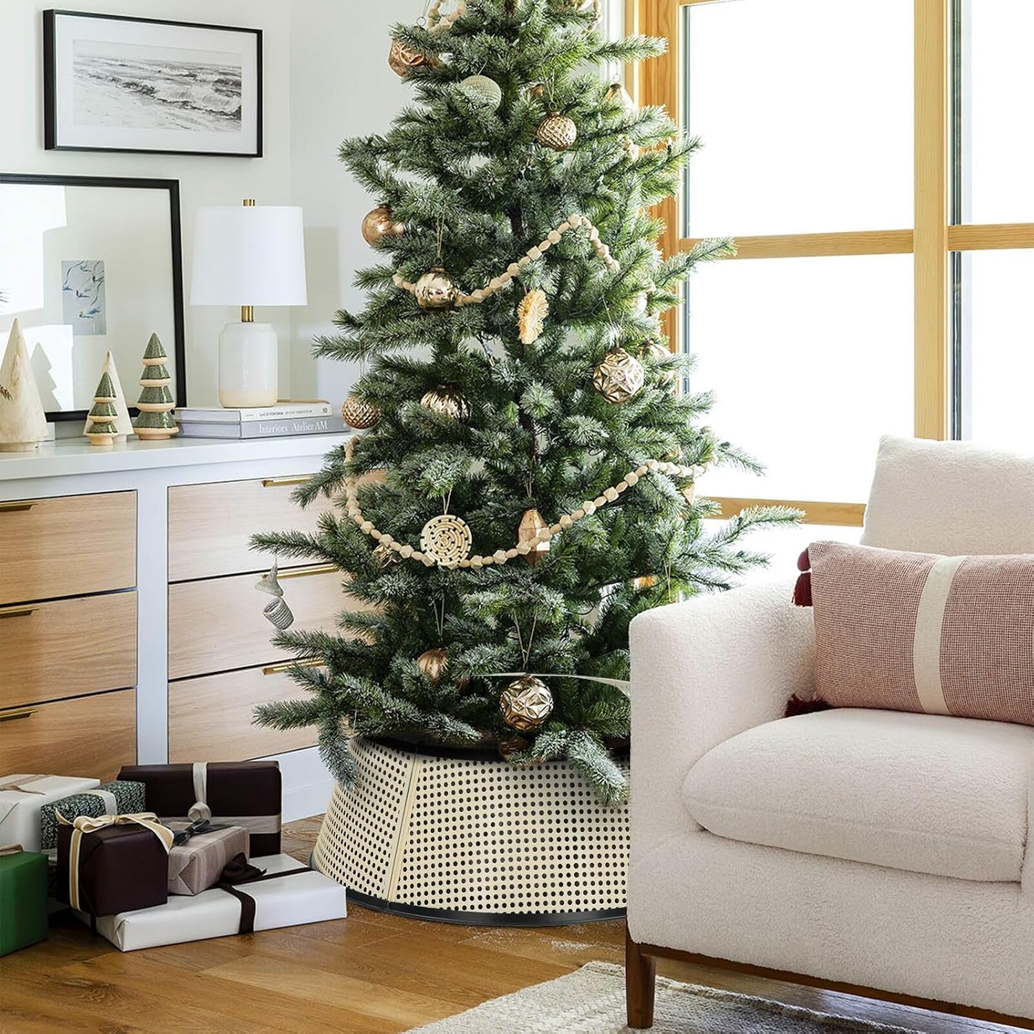 BAYN Metal Christmas Tree Collar, 28-Inch Diameter Base Cover Christmas Tree Ring Stand - Cream