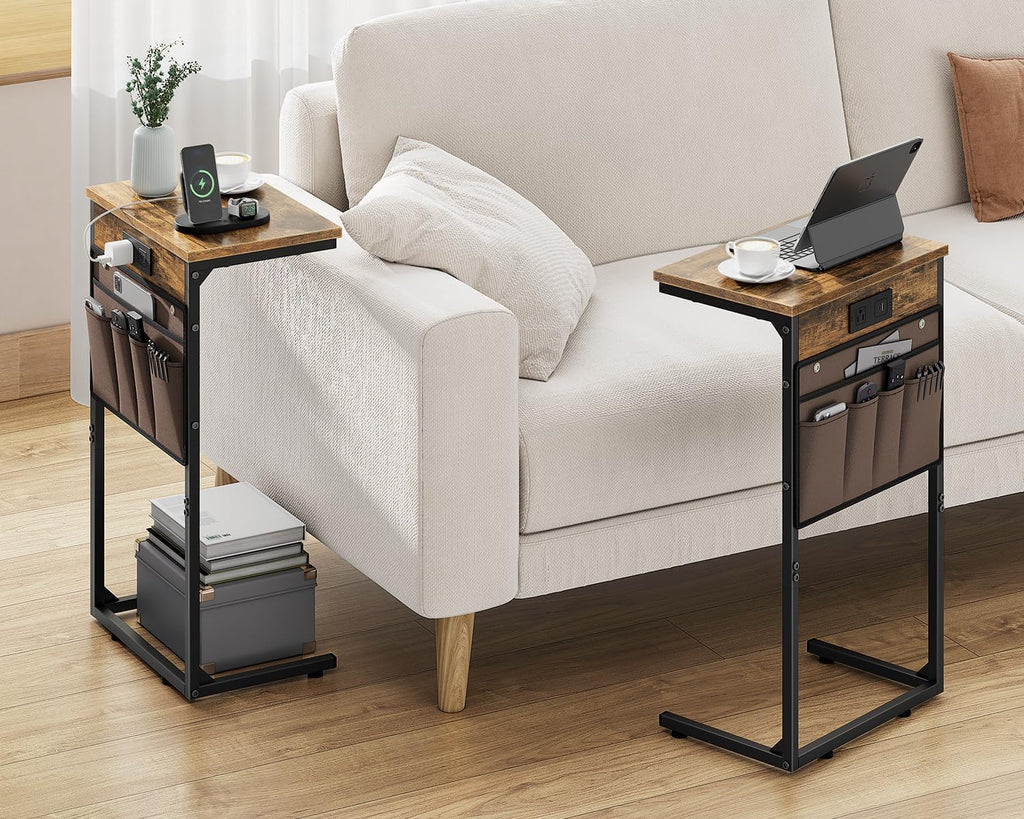 Vagusicc C Shaped End Table with Charging Station, 28" Tall Couch Side Table, Sofa Table Beside Table, Slide Under Sofa Arm C Table for Small Spaces, TV Tray Table for Living Room, Bedroom, Brown