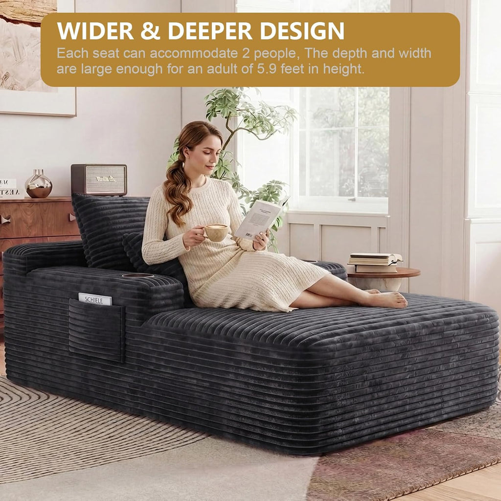 65" Oversized Chaise Lounge Chair Indoor, Boneless Chaise Lounge Chair with Cup Holders Side Pockets 3 Pillows, Cloud Corduroy Chaise Sofa Bed Sleeper Couches for Living Room No Assembly Require,Grey