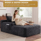 65" Oversized Chaise Lounge Chair Indoor, Boneless Chaise Lounge Chair with Cup Holders Side Pockets 3 Pillows, Cloud Corduroy Chaise Sofa Bed Sleeper Couches for Living Room No Assembly Require,Grey