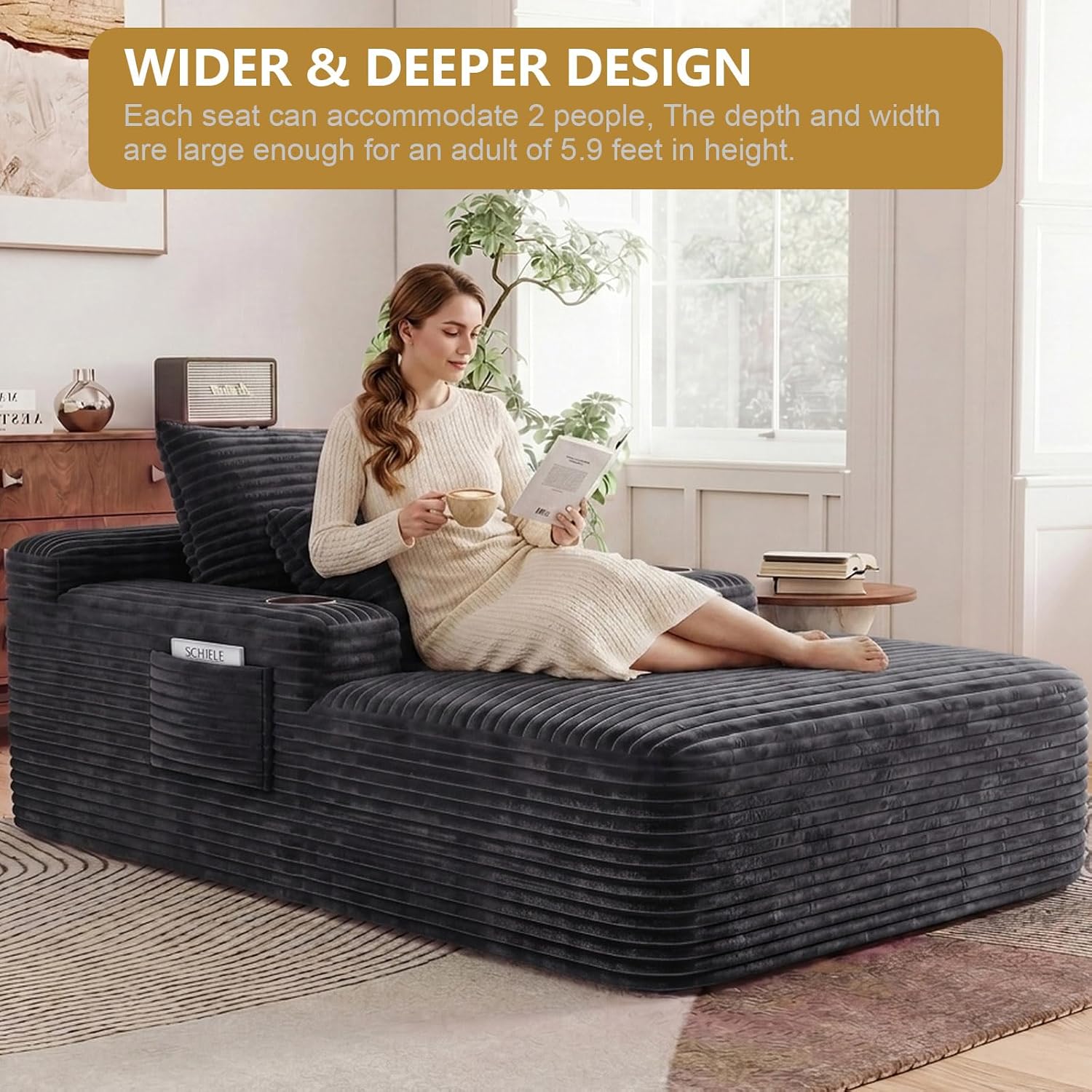 65" Oversized Chaise Lounge Chair Indoor, Boneless Chaise Lounge Chair with Cup Holders Side Pockets 3 Pillows, Cloud Corduroy Chaise Sofa Bed Sleeper Couches for Living Room No Assembly Require,Grey