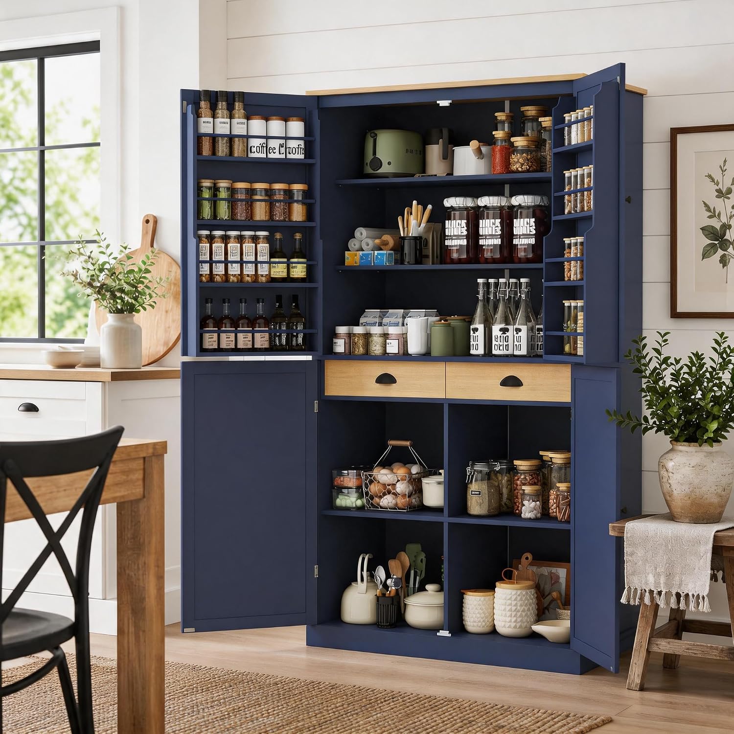 71.3" Kitchen Pantry Cabinet, Freestanding Cupboard, Blue | Painted MDF, 8 door shelves, 2 adjustable shelves, 2 slide-out compartments, anti-tip kits, 40.2"L x 20"W x 71.3"H