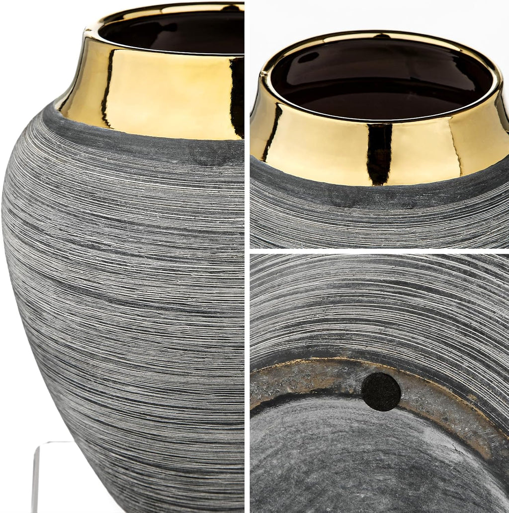 Rustic Ceramic Vase with Gold Rim – 9.4" Decorative Flower Vases for Living Room, Dining Table Centerpiece & Shelf Décor – Modern Farmhouse, Boho & Contemporary Home Accents