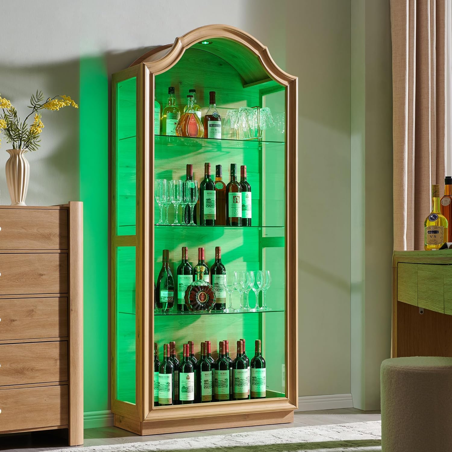 IFGET 72" Arched Glass Display Cabinet, Modern Curio Cabinet with 20 Color Lights, 4-Tier Display Case Shelf with Brightness/Speed Adjustable for Living Room, Dining Room, Study Room-Natural