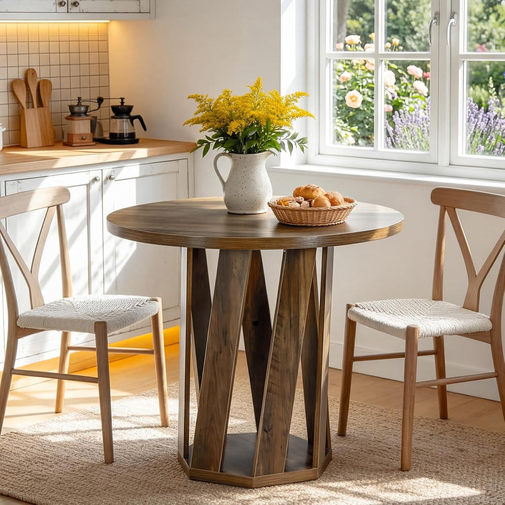 Tribesigns Small Round Dining Table for 2-4 People, 31.5-Inch Farmhouse Wooden Circle Kitchen Table for Dining Room, Small Space, Living Room, Rustic Brown