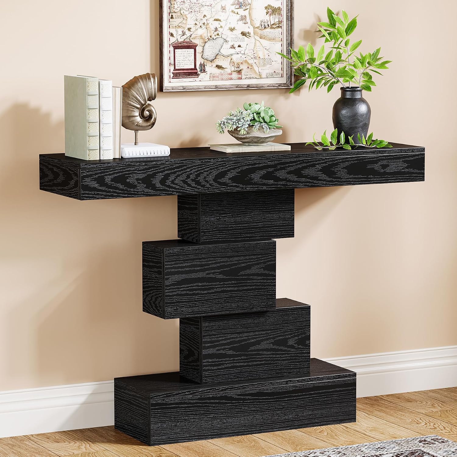 Tribesigns 42.5" Farmhouse Console Table, Narrow Wood Sofa Table Behind Couch with Geometric Base, Industrial Entryway Accent Table for Living Room, Hallway, Entrance (Black)