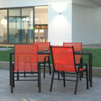 EMMA + OLIVER Alsek Patio Barstools - Powder Coated Steel Frames - Red Textilene Seats - Improved Air Circulation - Integrated Footrests - Set of 4