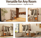 Solid Wood Clothes Rack with 2 Shelves & Hooks, Freestanding Garment Rack & Coat Rack Load 350 Lbs for Hanging Clothes & Organizer, Simple and Practical for Entryway Bedroom 31.5W WALNUT