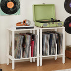 LELELINKY 2-Tier Record Player Stand with Vinyl Record Storage up to 100 Albums, Bedroom Record Holder and Multi-Functional End Table for Living Room, Grey White