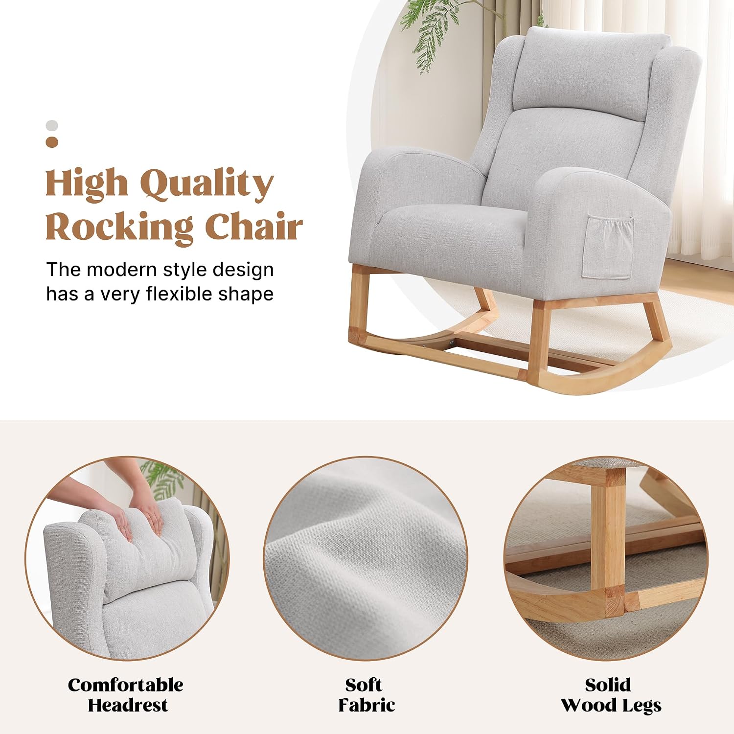 HCHAIRH Rocking Chair Nursery, Nursing Rocking Chairs for Mom Nursery, Comfy Wingback Glider Rocking Armchair with Foot Rest and Side Pocket for Nursery Living Room Bedroom, Light Grey