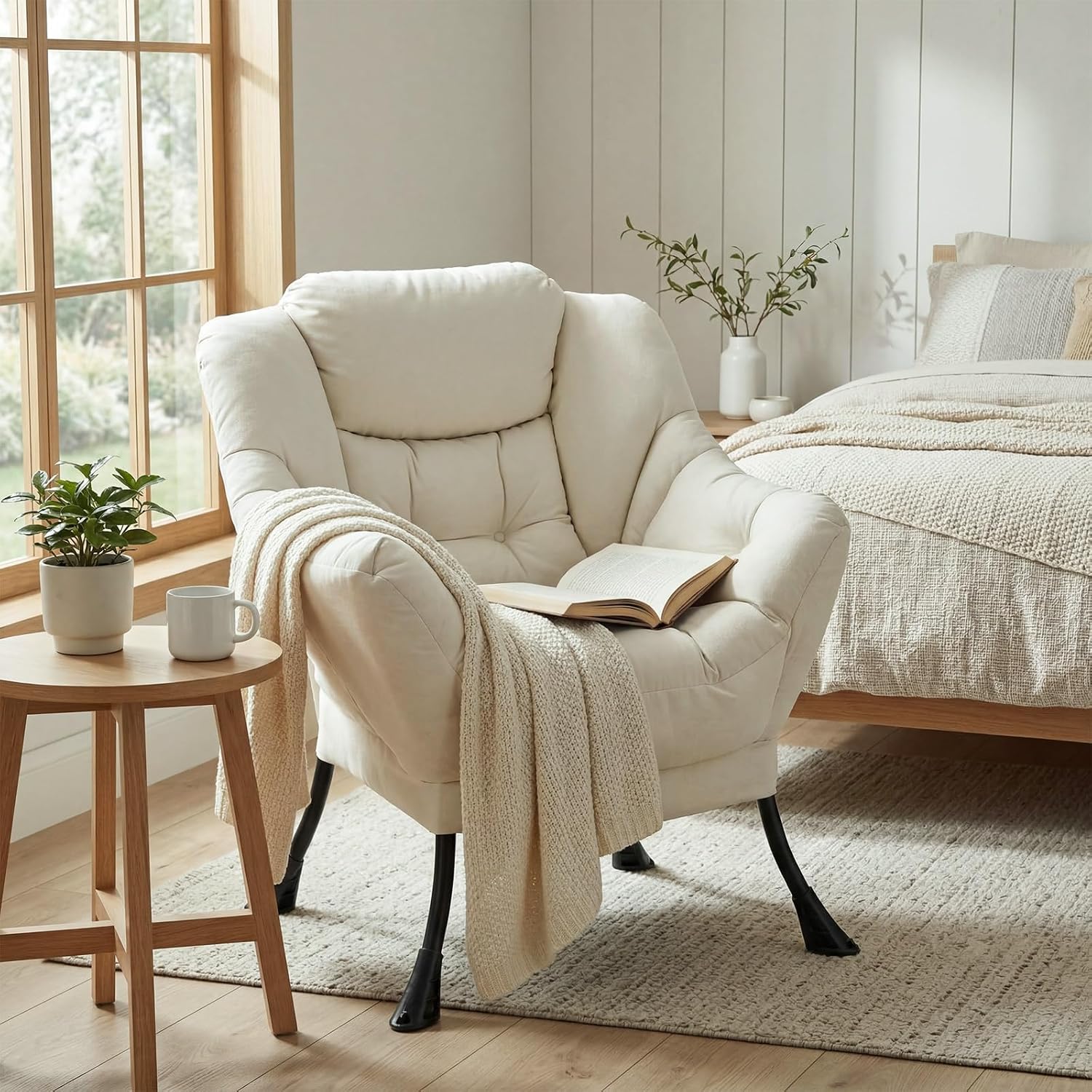 TLSUNNY Lazy Chair, Modern Comfy Lounge Accent Chair, Large Sofa Armchair with a Side Pocket, Leisure Reading Chair for Bedroom, Living Room, Dorm (1) (Beige)