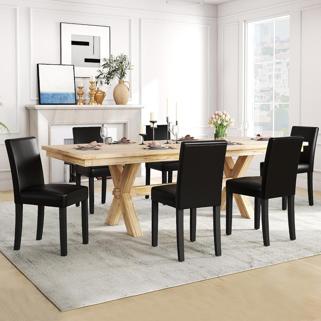 LSSPAID Dining Chairs Set of 6, Modern Stylish PU Leather Upholstered Parson Chair, Dining Room Chairs with Solid Wood Legs for Kitchen Living Room, Black