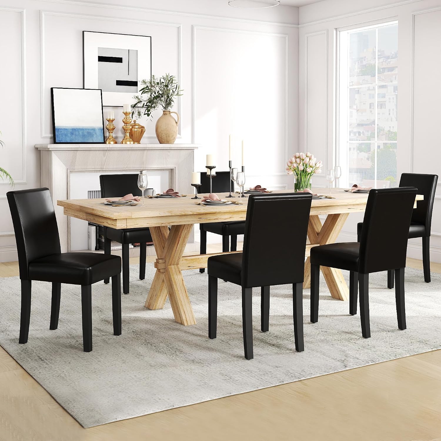 LSSPAID Dining Chairs Set of 6, Modern Stylish PU Leather Upholstered Parson Chair, Dining Room Chairs with Solid Wood Legs for Kitchen Living Room, Black