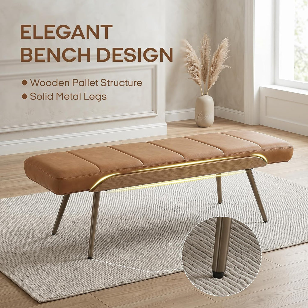 CIMOTA Mid-Century Modern Upholstered Bench, Upholstered Ottoman Bench with Solid Wood Trim and Bronze Metal Legs, 49.5" Accent Bench for Bedroom, Entryway, Living Room, End of Bed, PU Brown