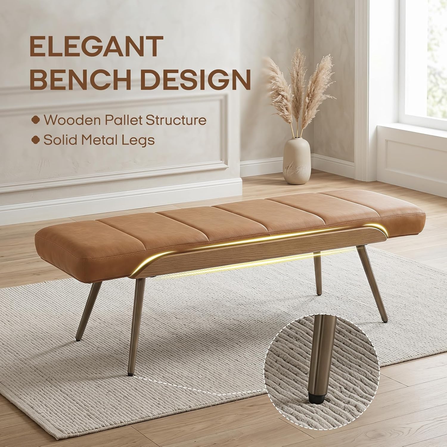 CIMOTA Mid-Century Modern Upholstered Bench, Upholstered Ottoman Bench with Solid Wood Trim and Bronze Metal Legs, 49.5" Accent Bench for Bedroom, Entryway, Living Room, End of Bed, PU Brown