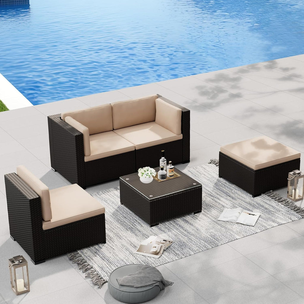 5 Pieces Outdoor Patio Furniture Sets, All Weather Wicker Rattan Sectional Patio Sofa, Outdoor Seating Sofas with Glass Table and Washable Cushion, Light Brown