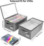 VHS Storage Box – 2 Pack Cassette Tape Storage Organizer with Clear PVC Lid – Stackable Storage Box Holds 14 Clamshell VHS Tapes – Gray Media Case