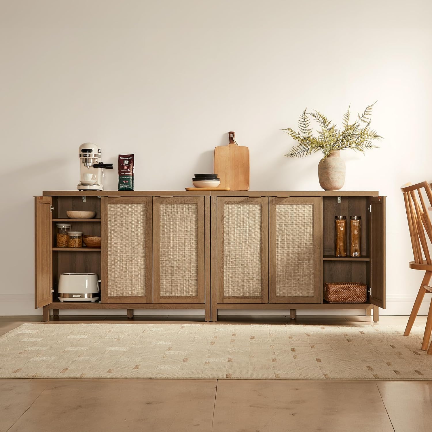SICOTAS Rattan Buffet Cabinet with Storage 43.5" Sideboard Cabinet with 3 Doors & Adjustable Shelves Wood Sideboard Credenza Storage Cabinets for Entryway Living Room Reclaimed Caramel Oak