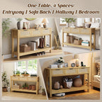 Luoxiao Natural Entryway Table with Power Outlets & USB-C, Boho Rattan Console Sofa Table with 3 Drawers, Narrow Sofa Table Behind Couch, Foyer Hallway Storage Table with Shelf, Anti-Tip, 47 Inch