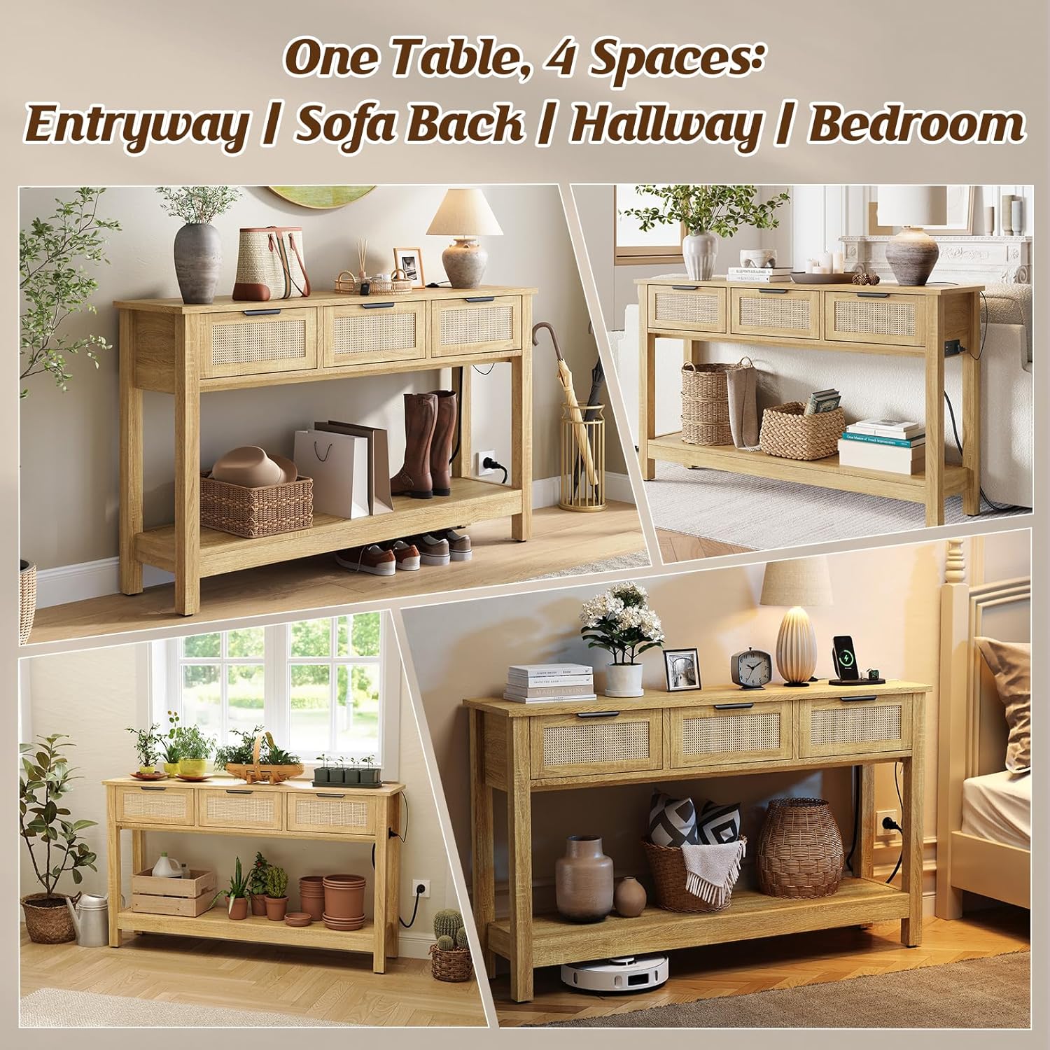 Luoxiao Natural Entryway Table with Power Outlets & USB-C, Boho Rattan Console Sofa Table with 3 Drawers, Narrow Sofa Table Behind Couch, Foyer Hallway Storage Table with Shelf, Anti-Tip, 47 Inch