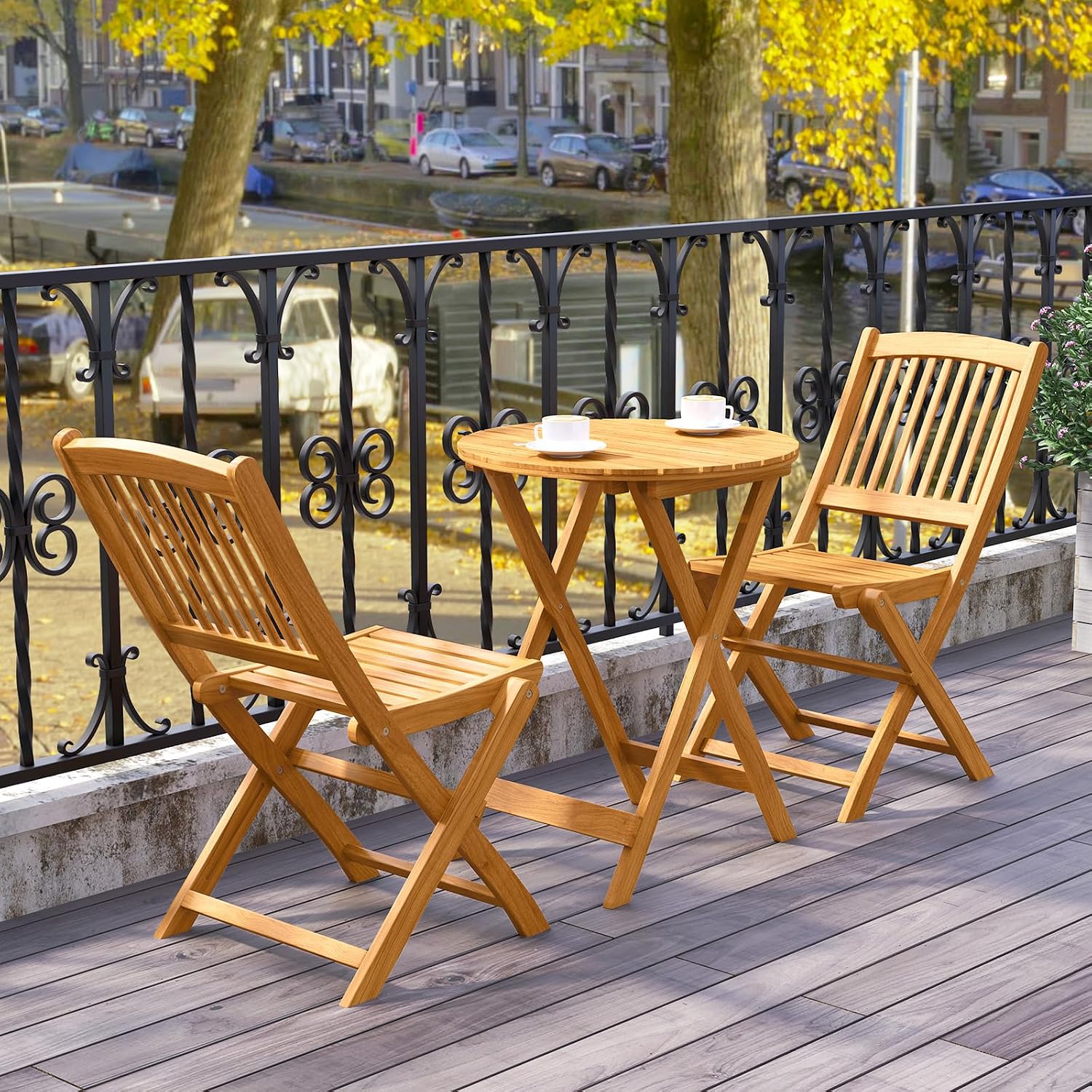Tangkula 3 Pieces Acacia Wood Patio Folding Bistro Set, Outdoor Table and Chairs Set with Soft Cushions, Patio Furniture Set for Porch, Balcony, Garden, Deck and Backyard