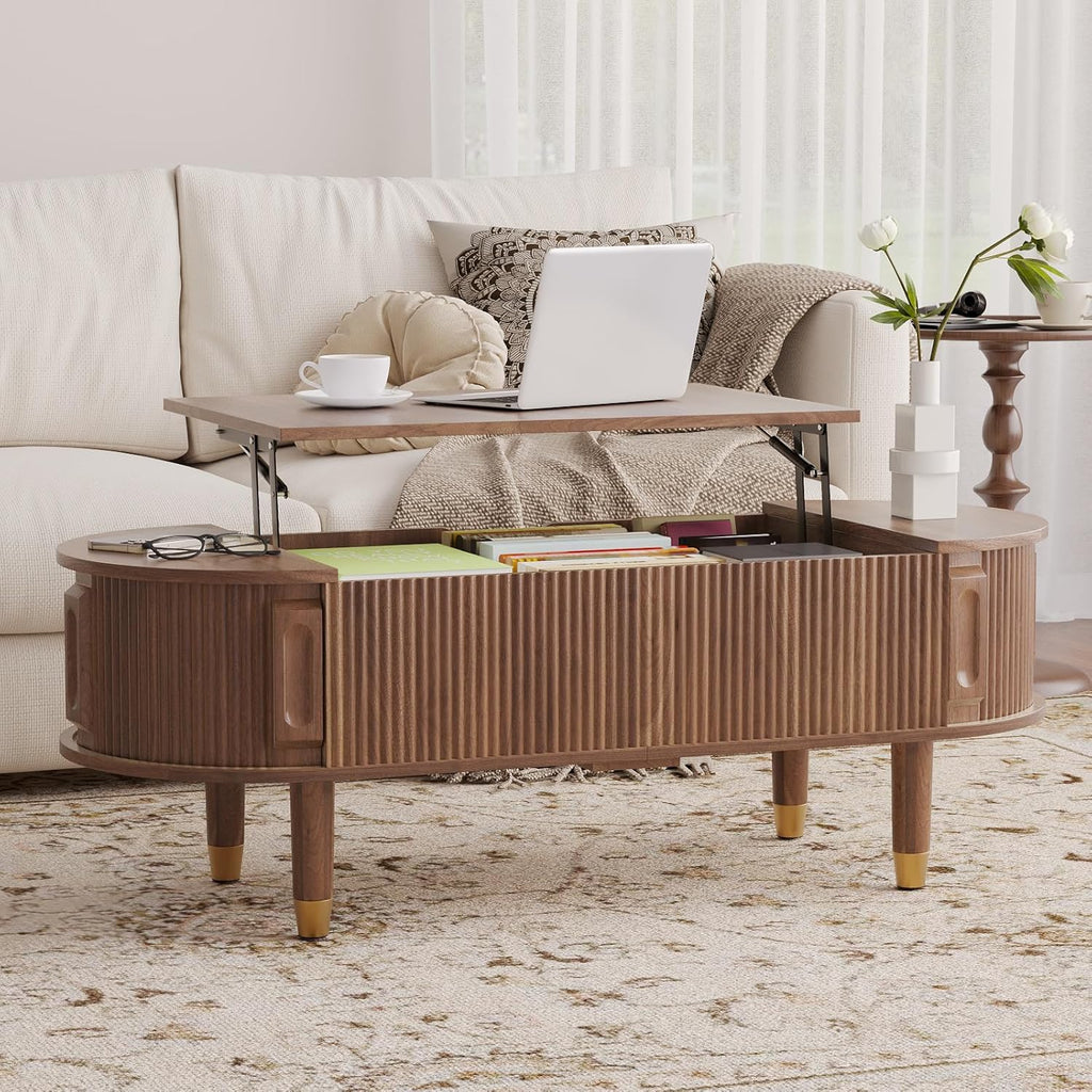 LED TV Stand and Coffee Table Set of 2, Lift Top Coffee Table with Storage, TV Console Table with Power Outlet Living Room Table Sets for Living Room, Bedroom, Home Office, Walnut